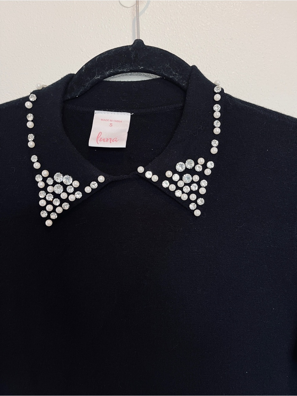 Luna Black Long Sleeve Sweater with Embellished Rhinestone & Faux Pearl Collar S - Picture 3 of 7